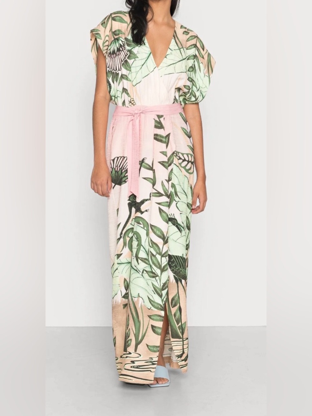 Scotch & Soda Green, Pink & Cream Botanical Maxi Dress. No belt.
